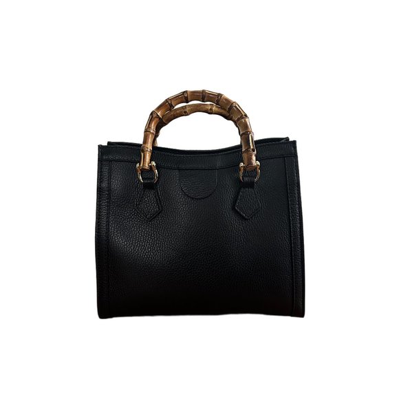 Handbags - Black leather handbag with removable crossbody strap. Shiny gold hardware.